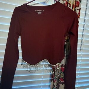 Harper Deep Red Long Sleeve Top with Beaded Fringe